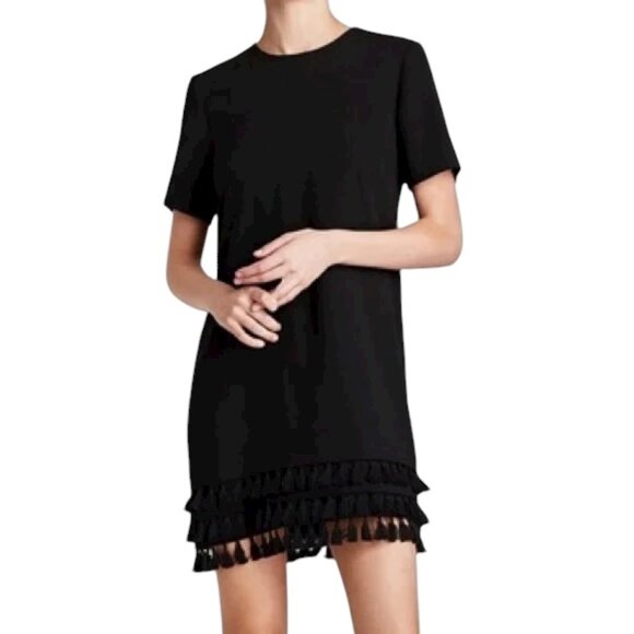 Zara Black Tassel Fringe Shift Short Sleeve Mini Dress Size Small - Picture 1 of 11